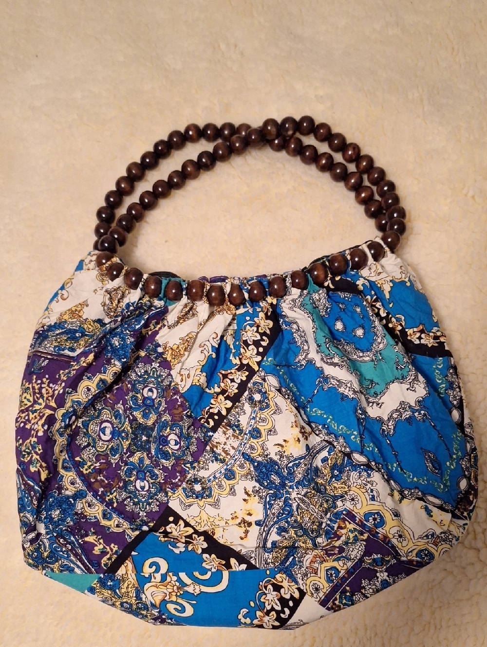 HAND CRAFTED Bohemian Patch work Beaded Handle HAND Bag - Blue & Purple - Picture 13 of 14